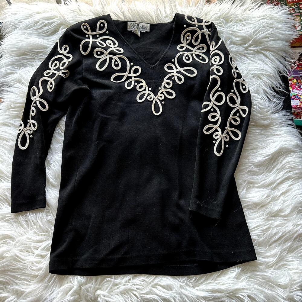 Vintage 80s Bob Mackie Black and Cream Swirl Pearl Sweater Size Small
